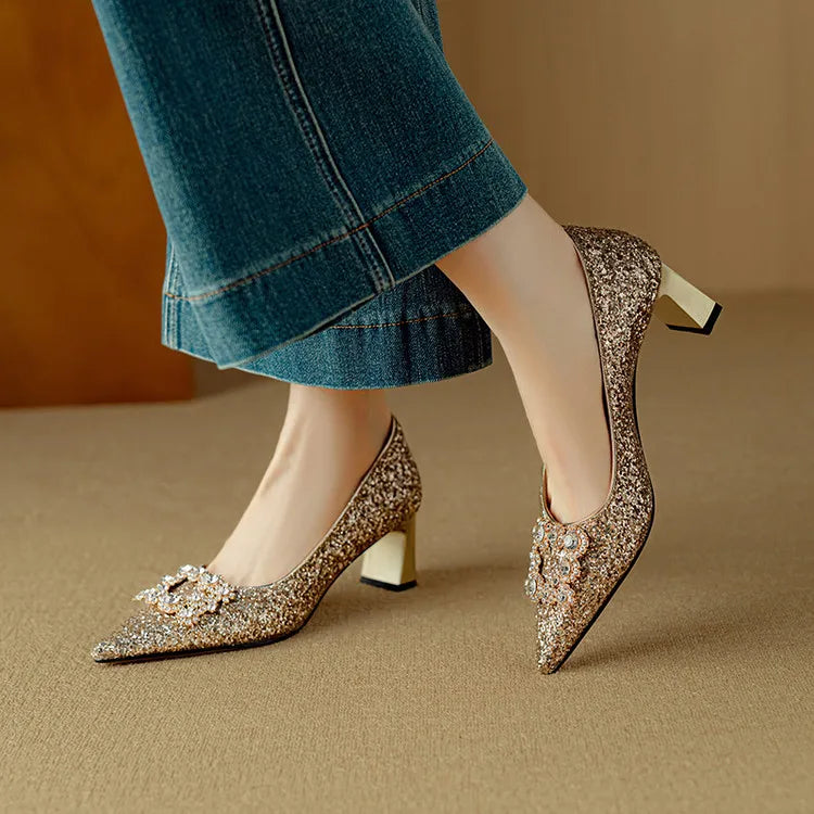 Women's Glitter Pumps with Crystal Buckle in Gold