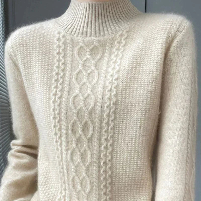 Reinhild Cable-Knit Turtleneck Sweater in Beige