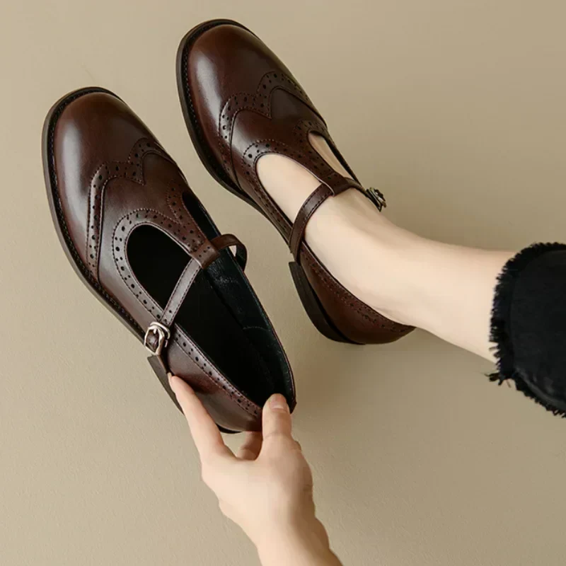 Women's Wingtip T-Strap Mary Janes in Brown