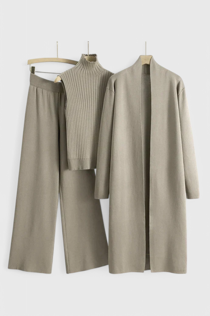 Elegant Cut 3-Piece Soft Knit Ensemble in Khaki