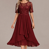 Navy Lace Short Sleeve Round Neck Midi Dress in Burgundy