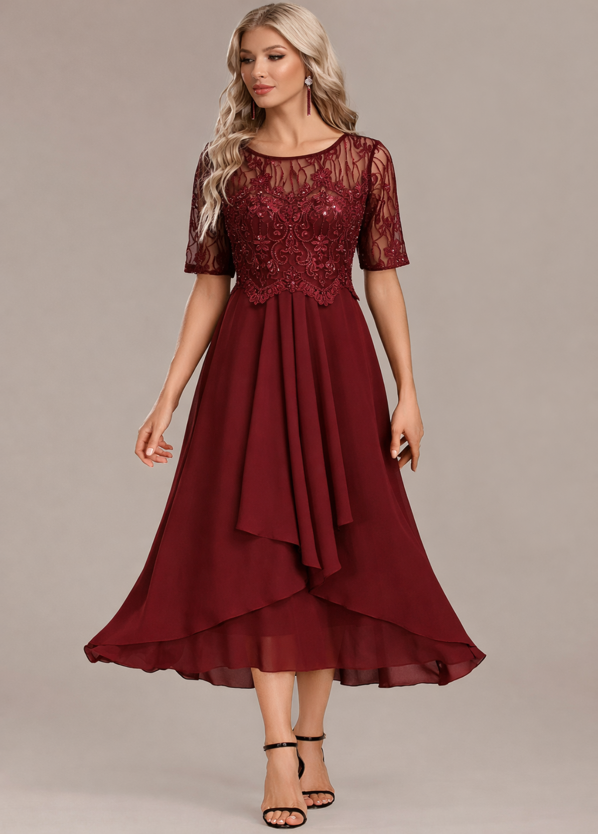 Navy Lace Short Sleeve Round Neck Midi Dress in Burgundy