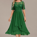 Navy Lace Short Sleeve Round Neck Midi Dress in Green
