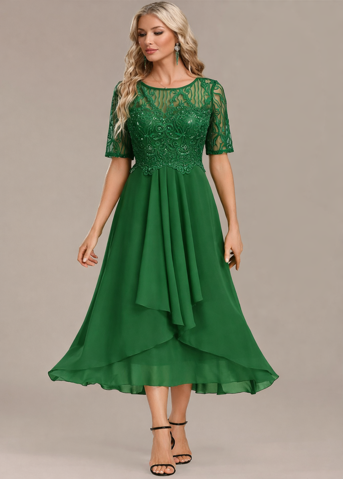 Navy Lace Short Sleeve Round Neck Midi Dress in Green