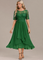 Navy Lace Short Sleeve Round Neck Midi Dress in Green