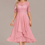 Navy Lace Short Sleeve Round Neck Midi Dress in Pink
