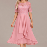 Navy Lace Short Sleeve Round Neck Midi Dress in Pink