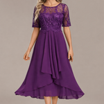 Navy Lace Short Sleeve Round Neck Midi Dress in Purple