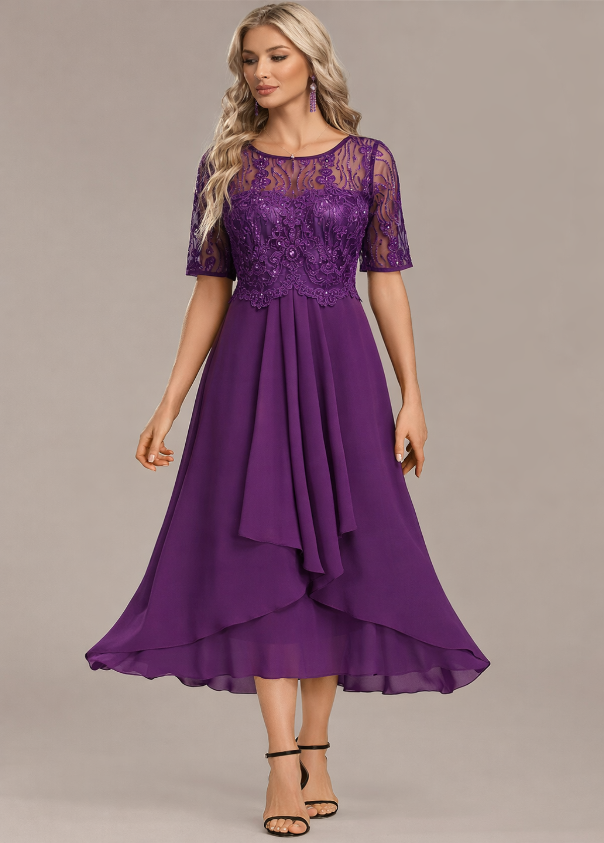 Navy Lace Short Sleeve Round Neck Midi Dress in Purple