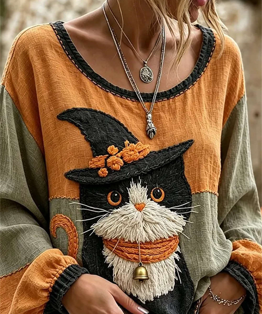 Women's Wizard Cat Print Blouse in Multi