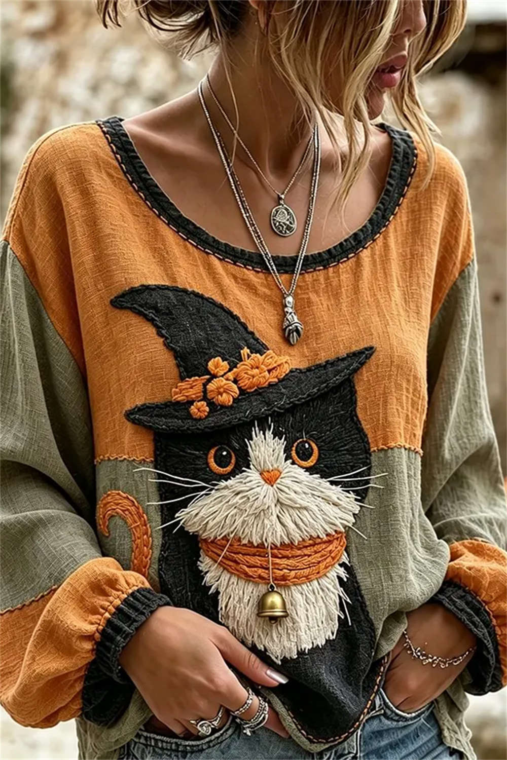 Women's Wizard Cat Print Blouse in Multi