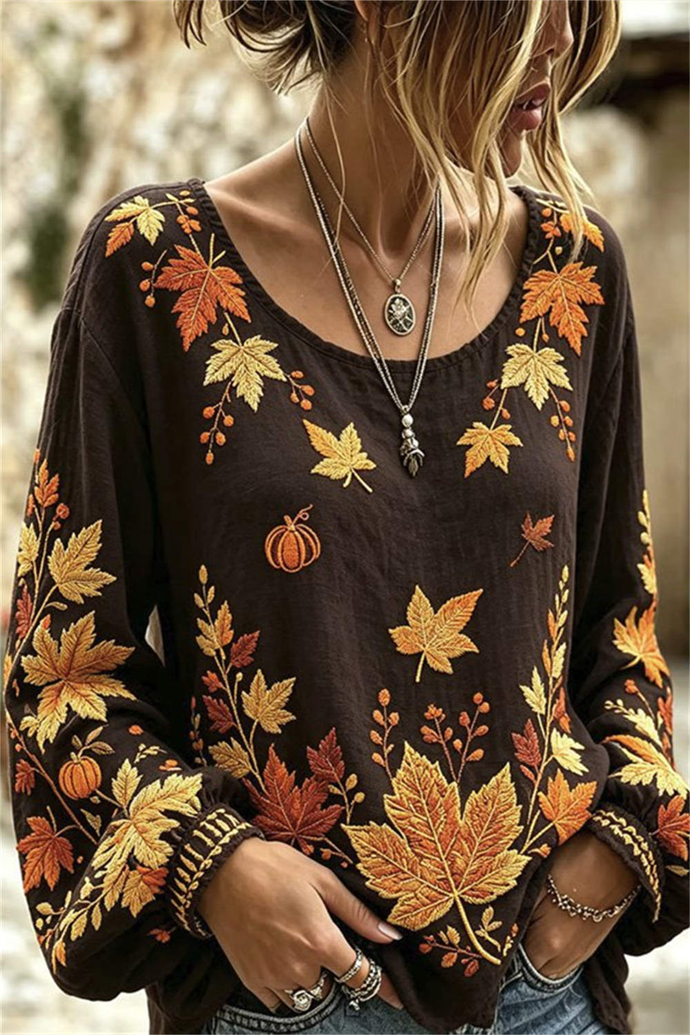 Women's Maple Leaf Pumpkin Blouse in Dark Brown