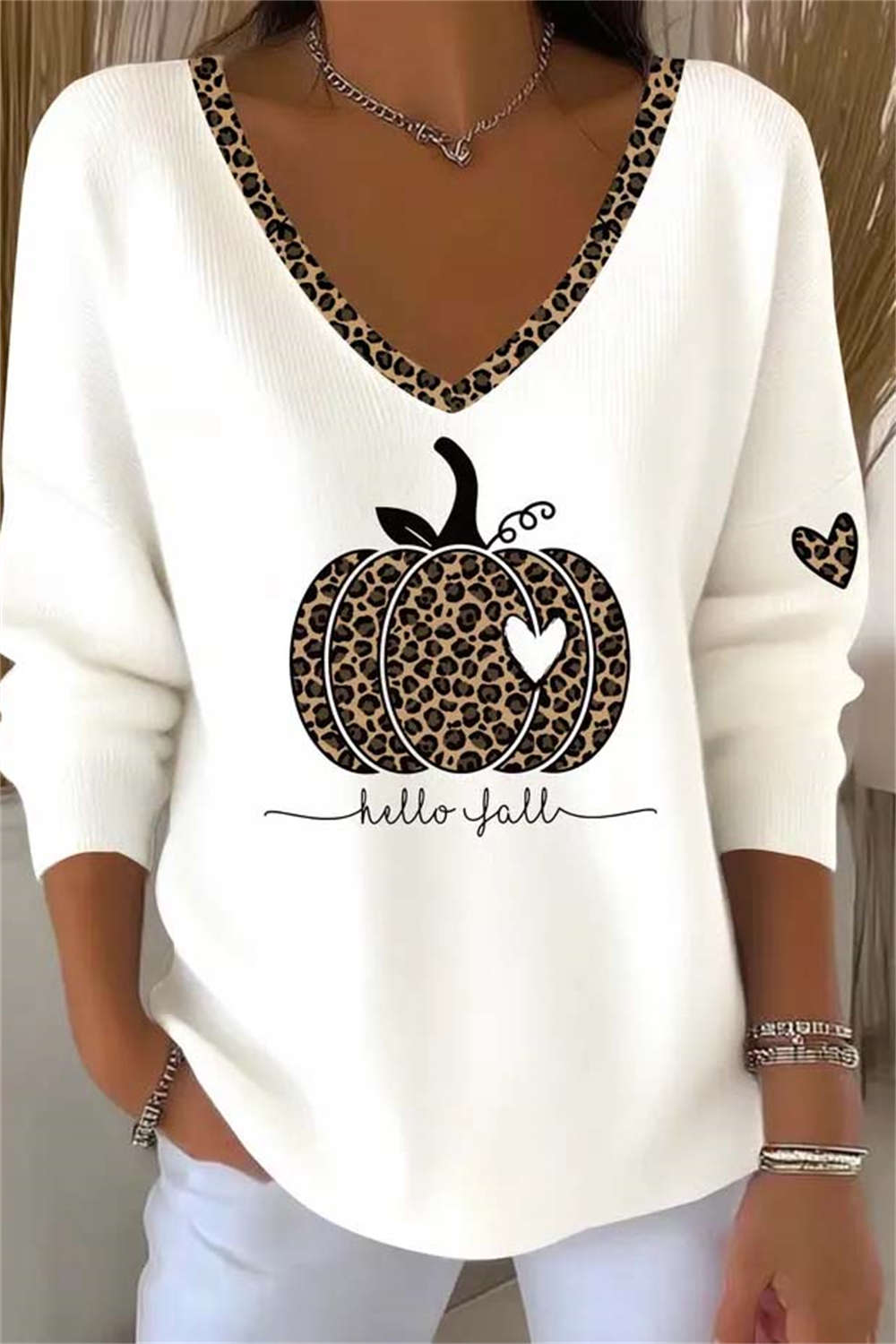 Women's Leopard Pumpkin V-Neck Top in White