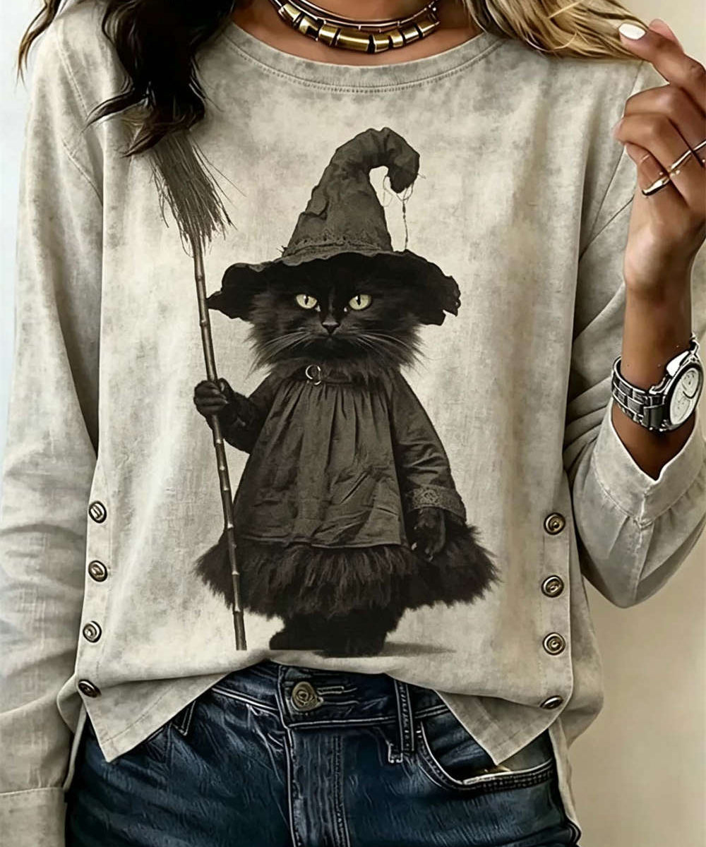 Women's Witch Cat Art Blouse in Grey