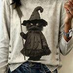 Women's Witch Cat Art Blouse in Grey