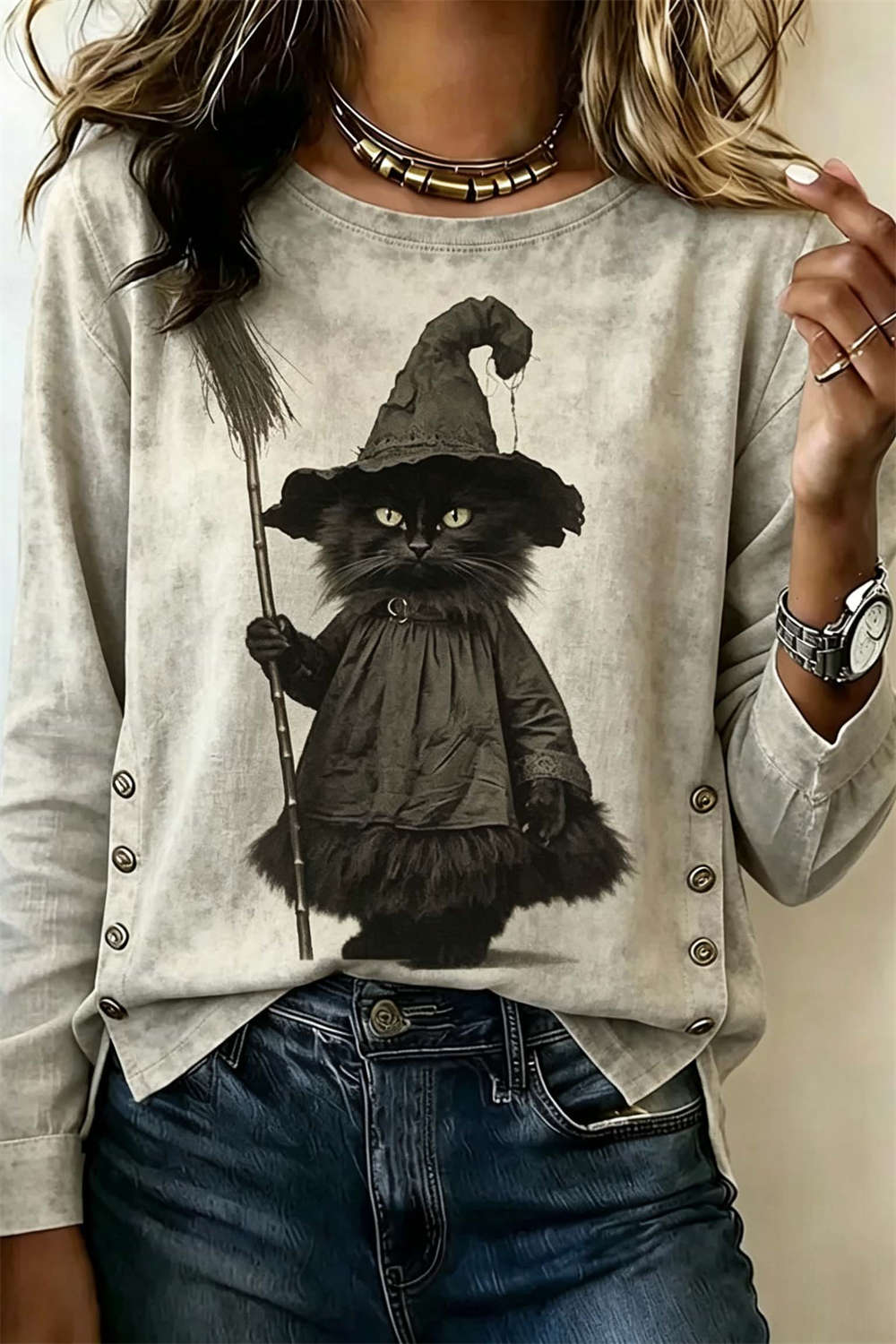 Women's Witch Cat Art Blouse in Grey
