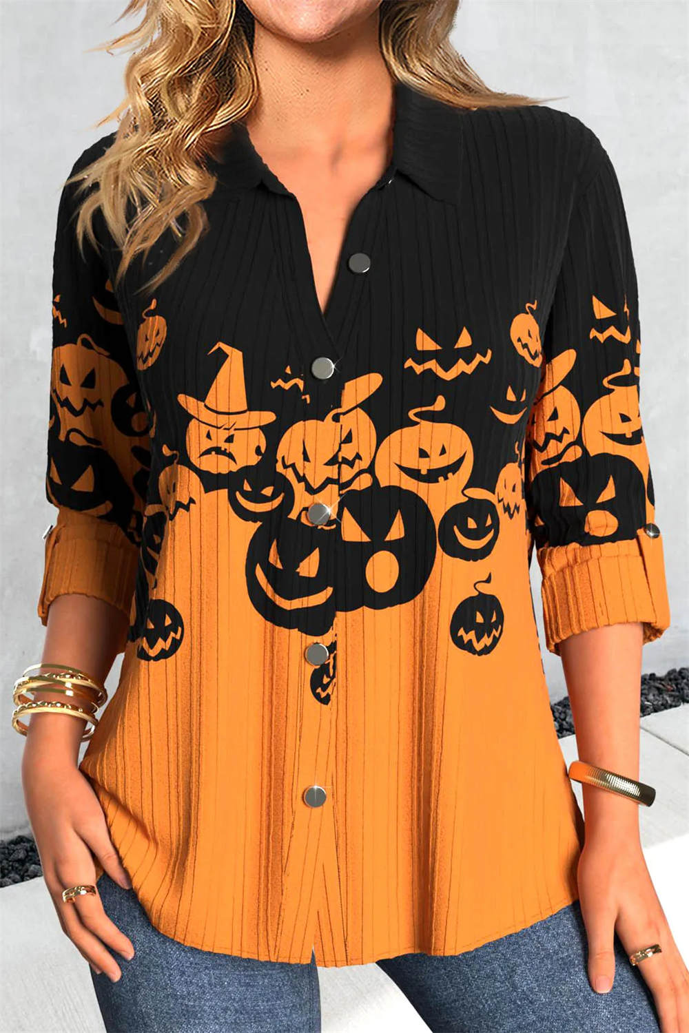 Women's Pumpkin Print Collared Blouse in Multi