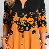 Women's Pumpkin Print Collared Blouse in Multi