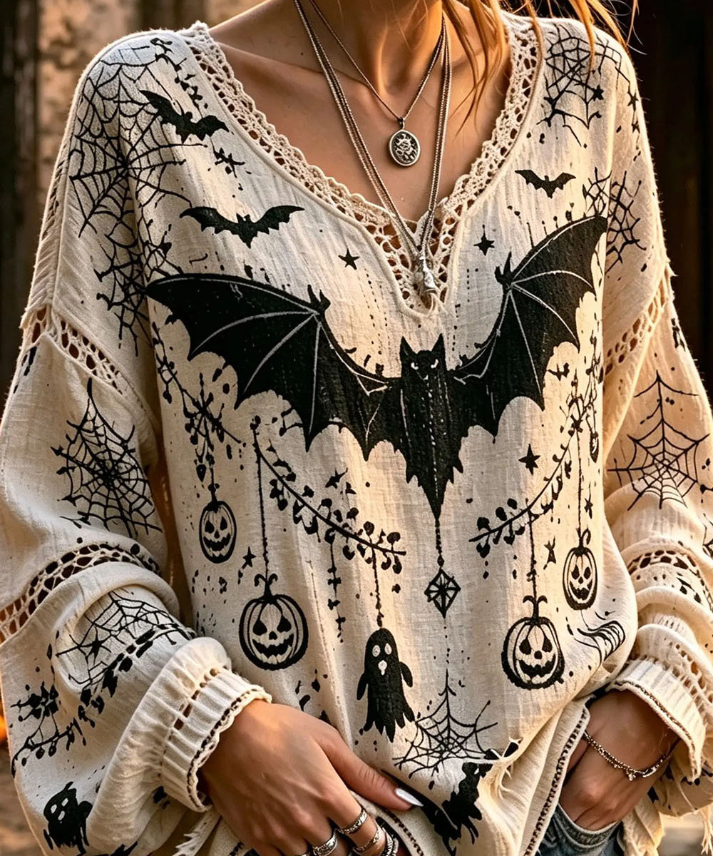 Women's Bat Ghost Pumpkin Lace Blouse in Cream