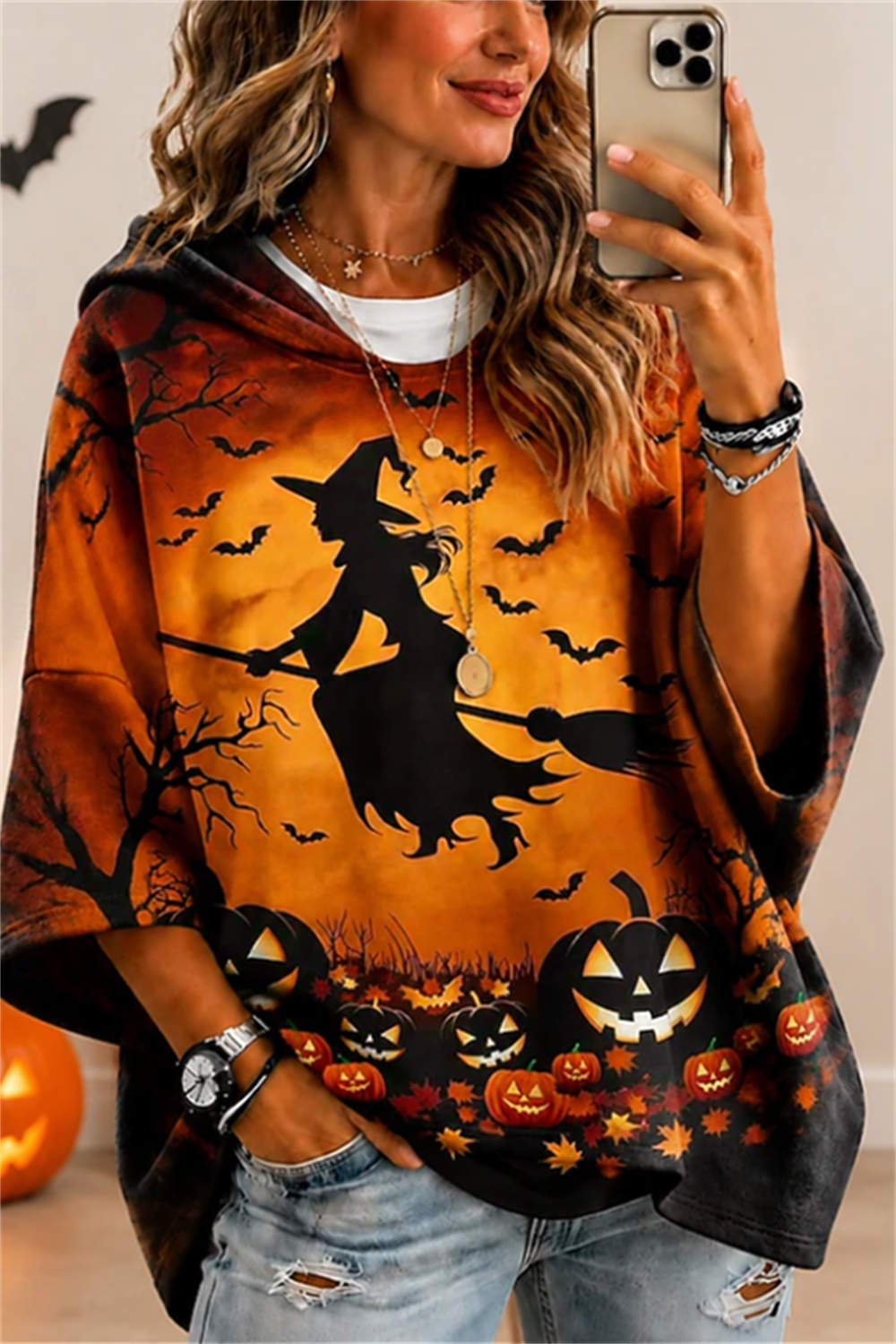 Women's Witch Pumpkin Bat Hoodie in Multi