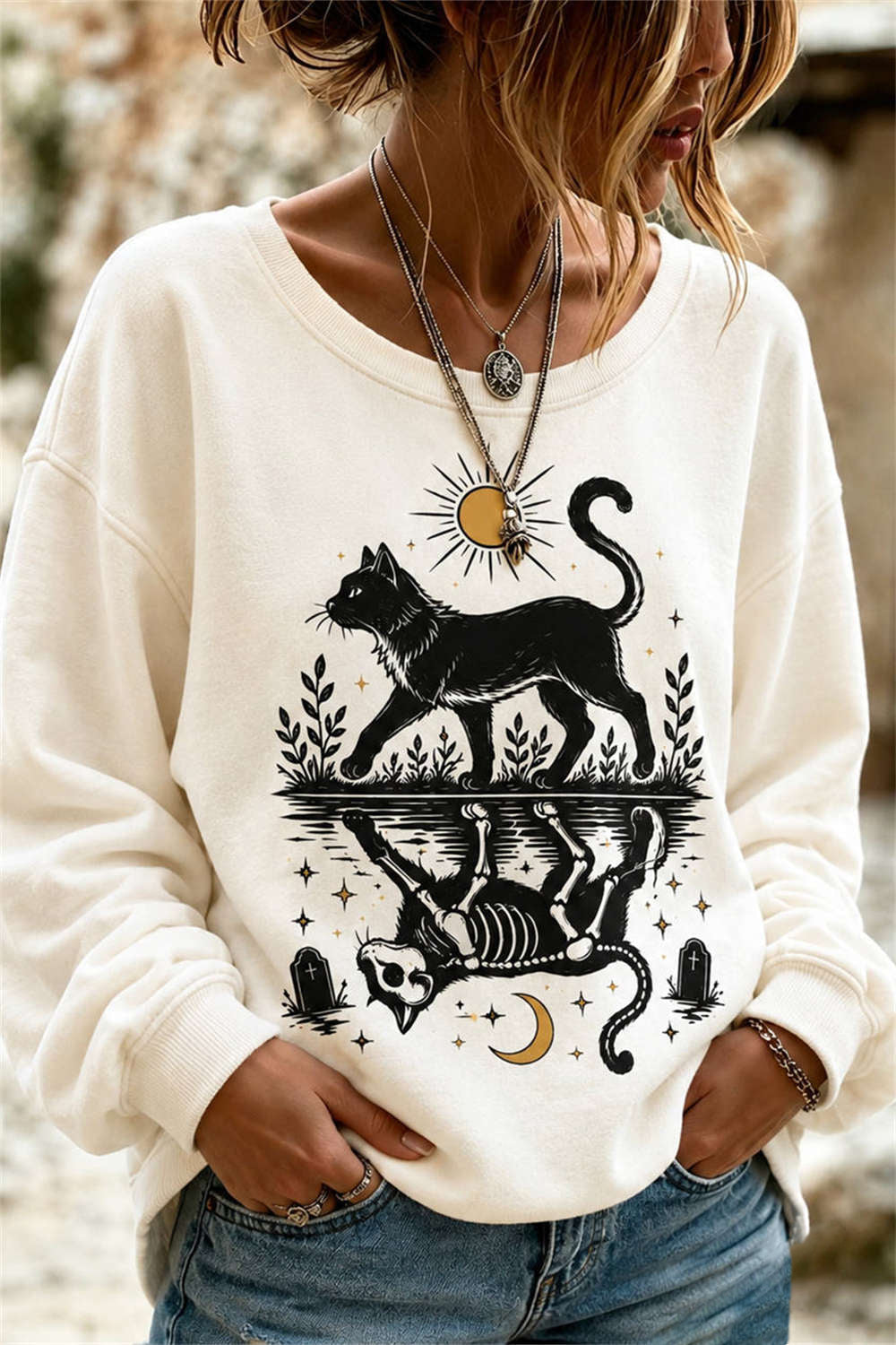 Women's Black Cat Skeleton Sweatshirt in Cream