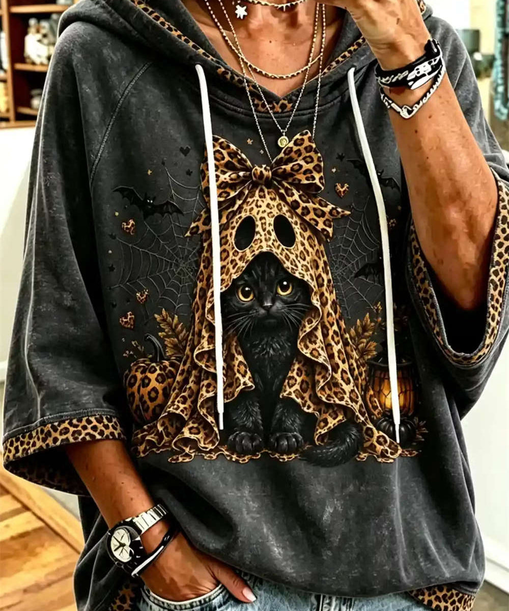 Women's Leopard Black Cat Hoodie in Dark Gray