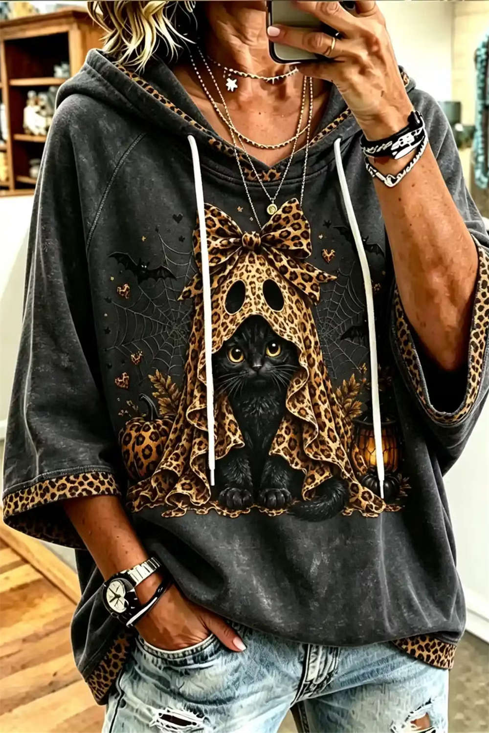 Women's Leopard Black Cat Hoodie in Dark Gray
