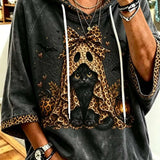 Women's Leopard Black Cat Hoodie in Dark Gray