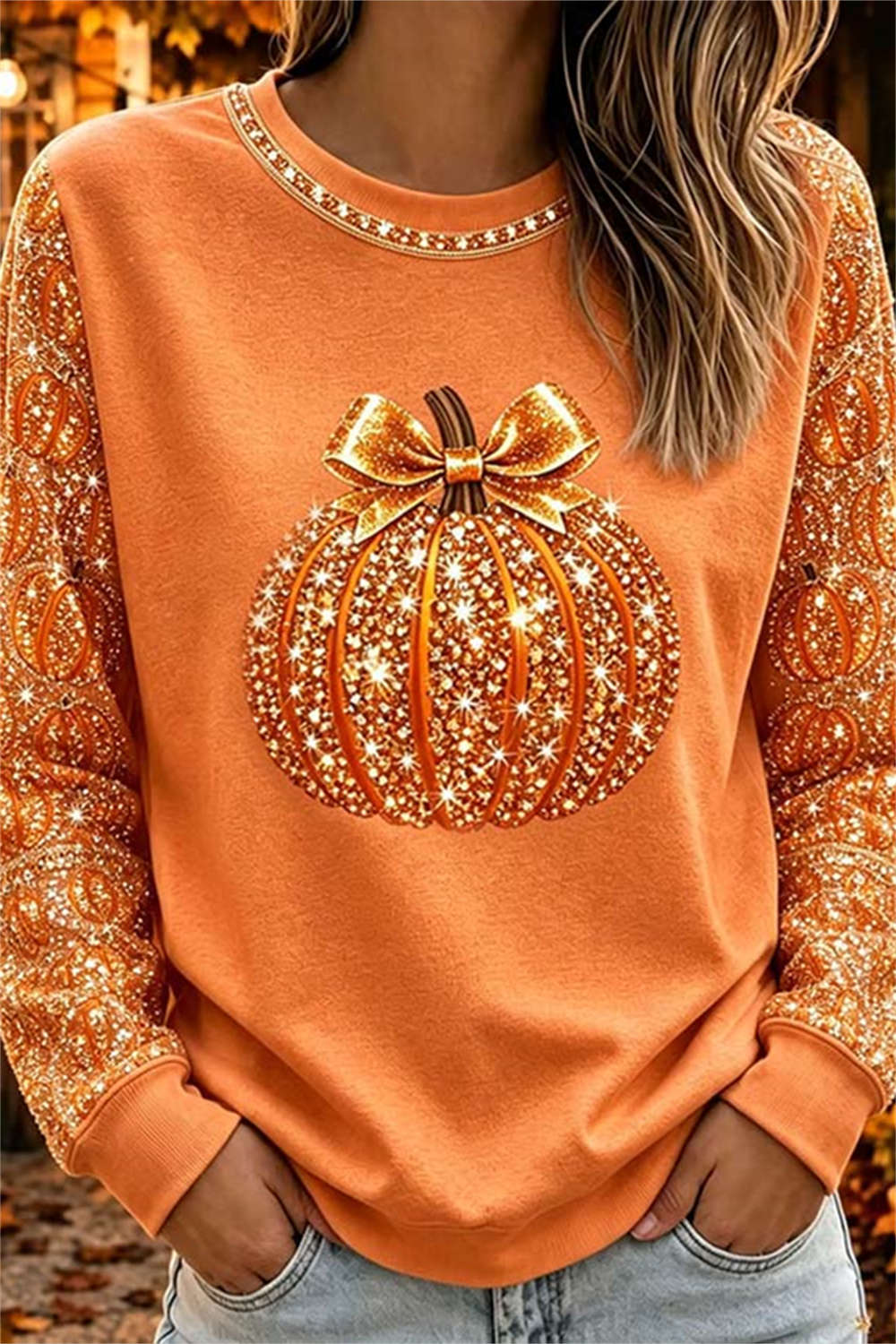 Women's Pumpkin Bow Crew-Neck Top in Orange