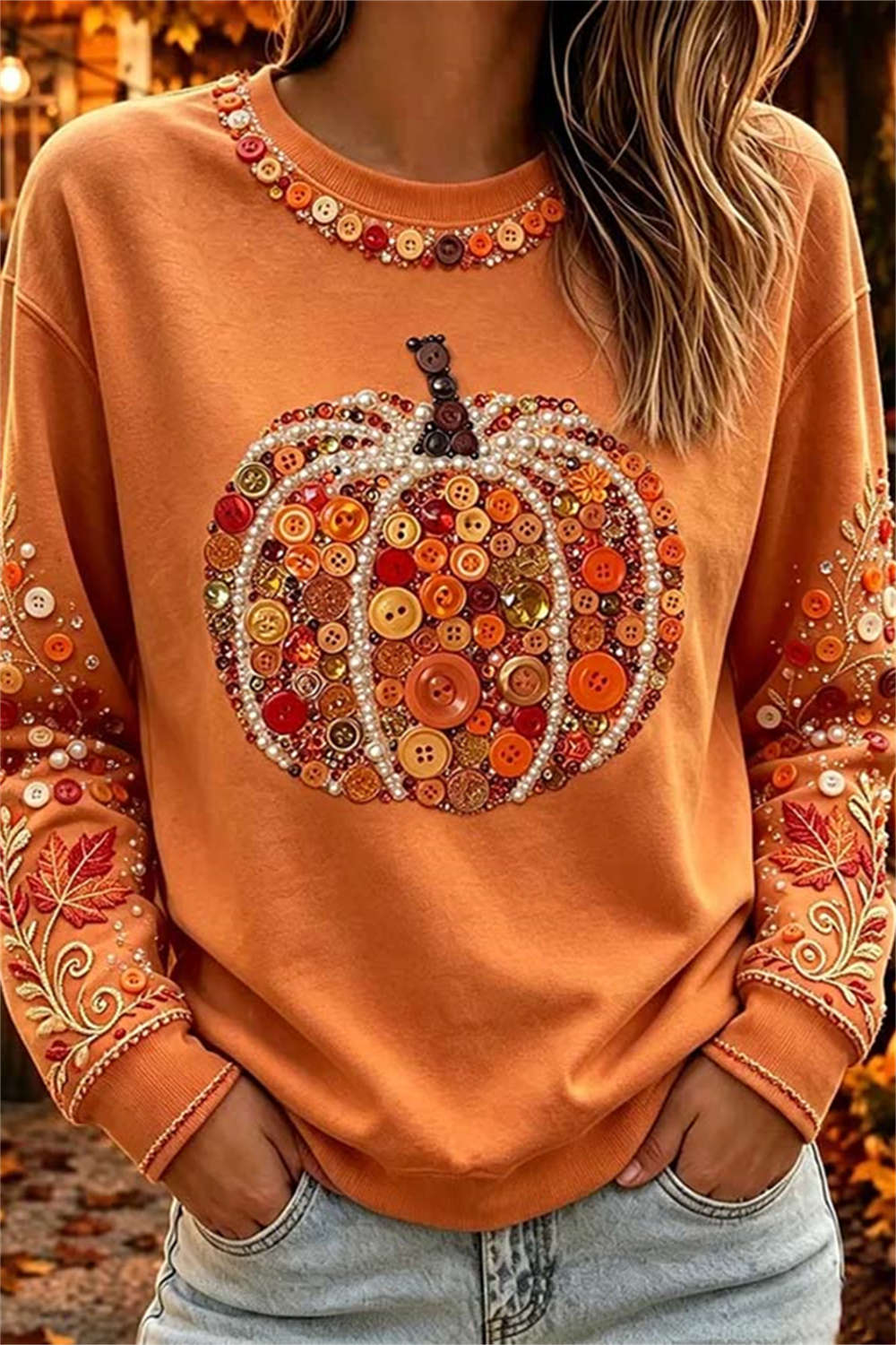 Women's Button Pumpkin Leaf Top in Orange