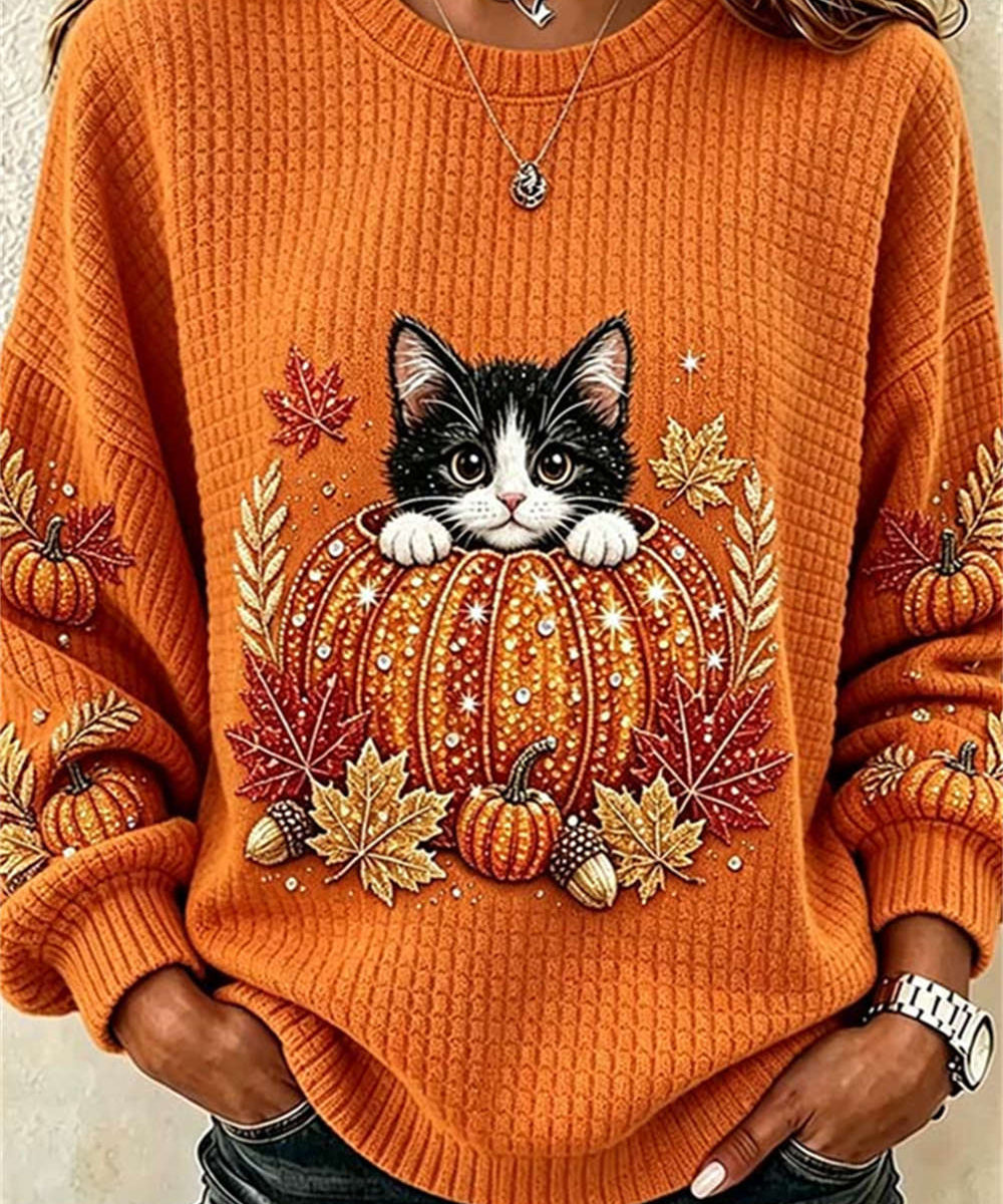 Women's Cat in Pumpkin Autumn Top in Orange