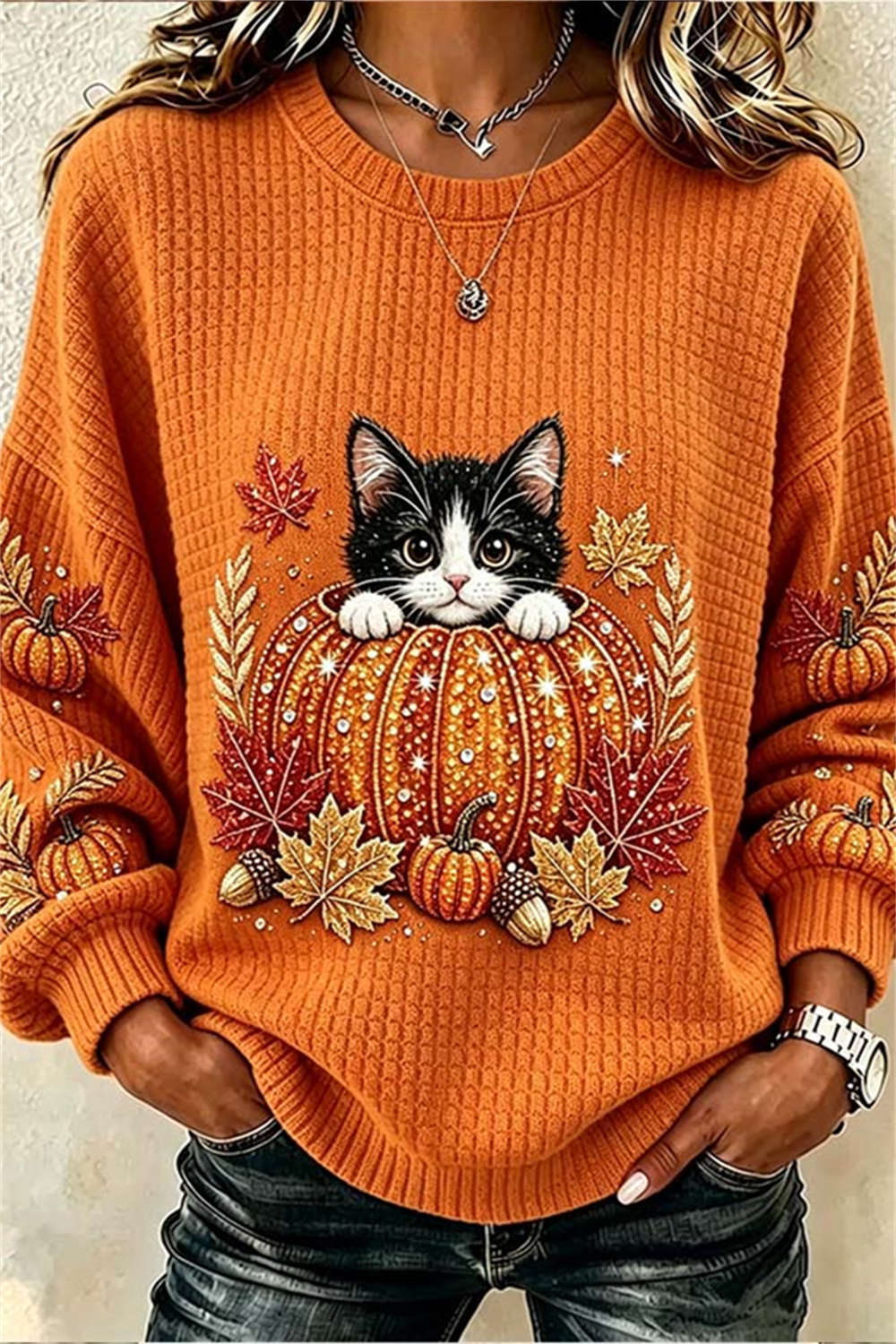 Women's Cat in Pumpkin Autumn Top in Orange
