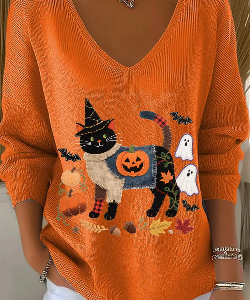 Women's Black Cat Pumpkin Knit Top in Orange