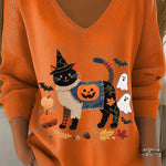 Women's Black Cat Pumpkin Knit Top in Orange