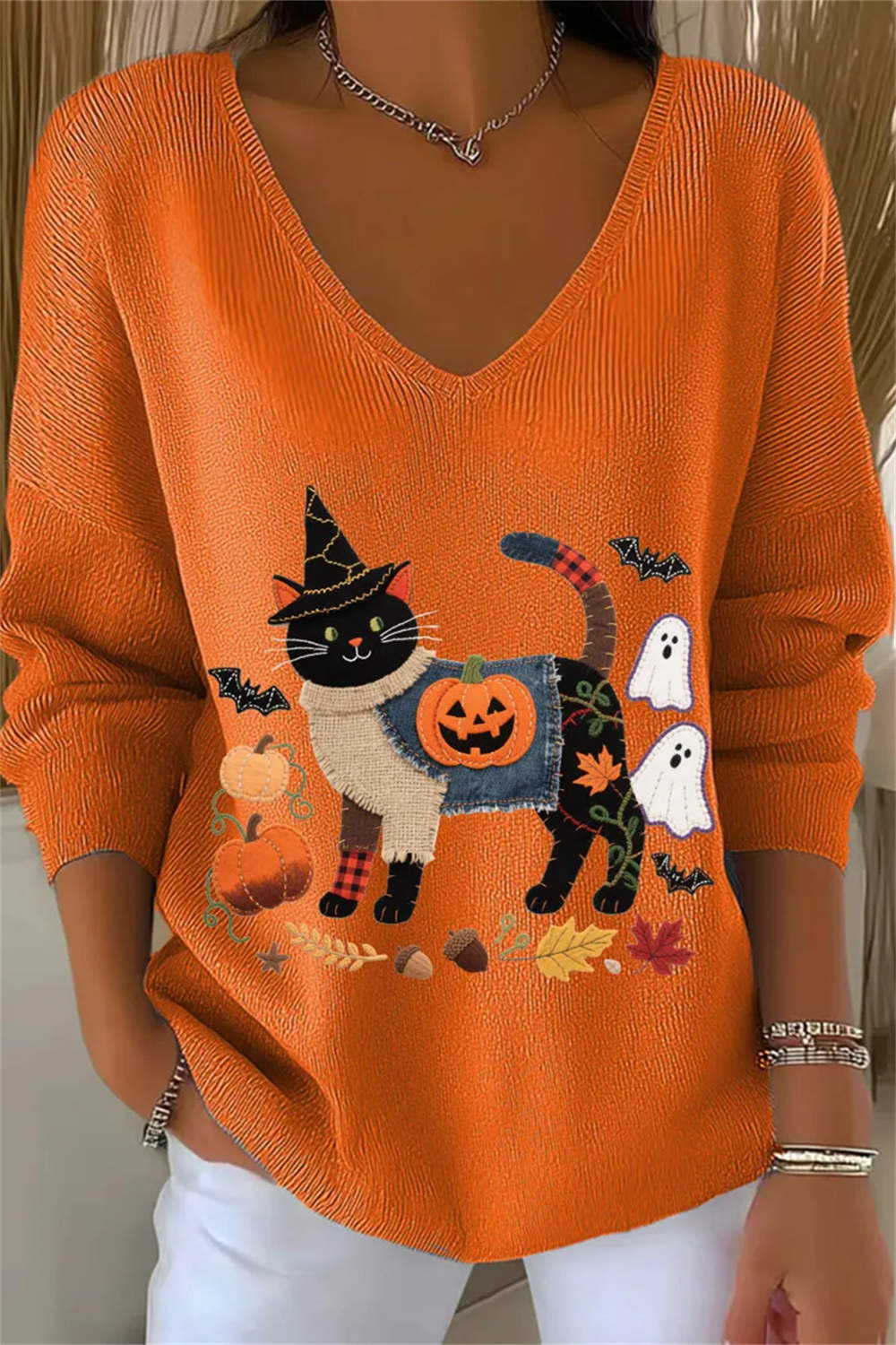 Women's Black Cat Pumpkin Knit Top in Orange