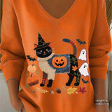 Women's Black Cat Pumpkin Knit Top in Orange