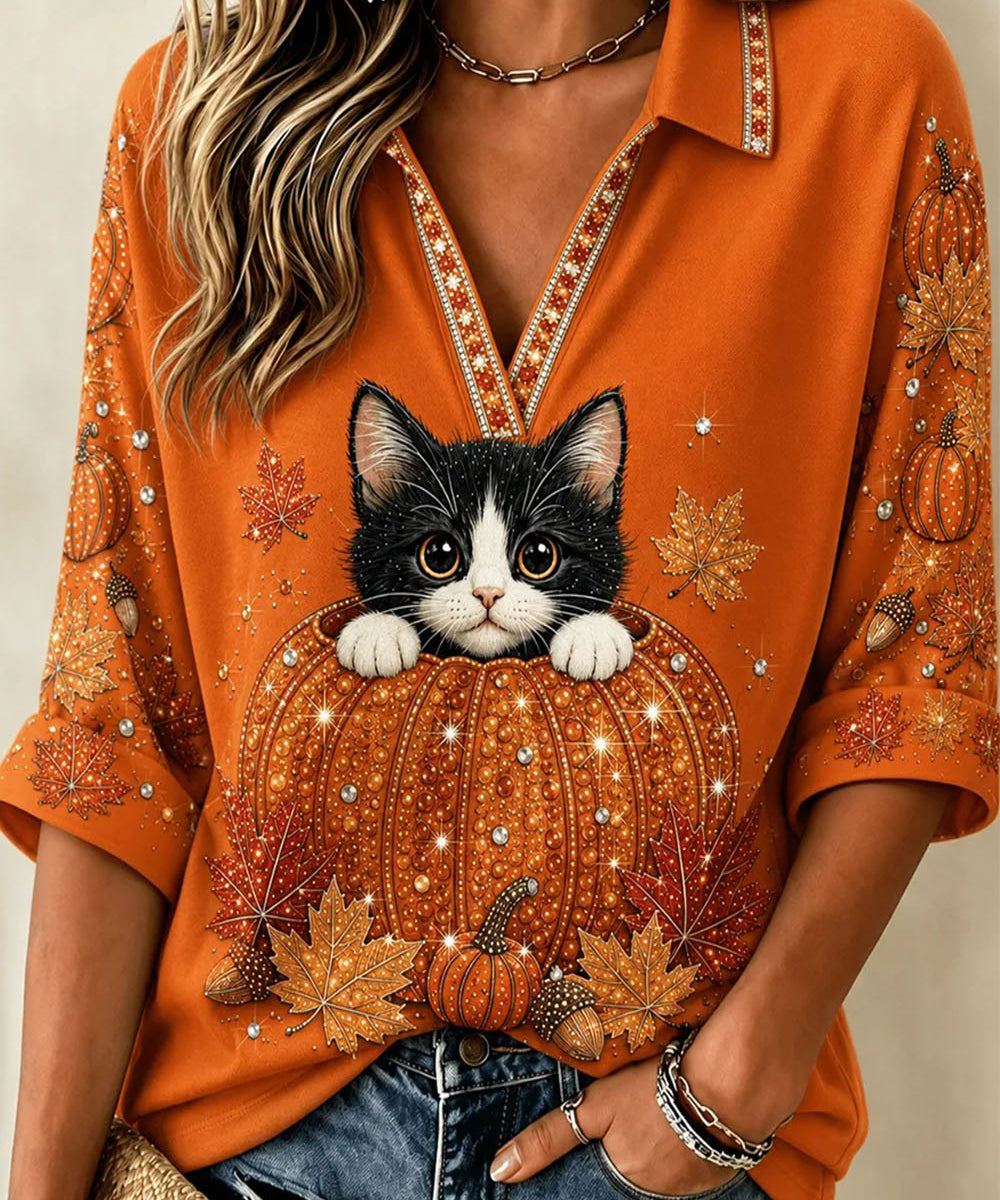 Women's Cat Pumpkin Collared Top in Orange