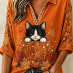 Women's Cat Pumpkin Collared Top in Orange