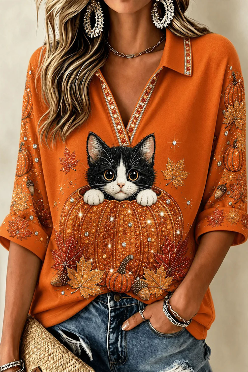 Women's Cat Pumpkin Collared Top in Orange