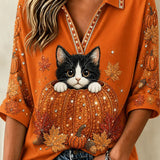 Women's Cat Pumpkin Collared Top in Orange