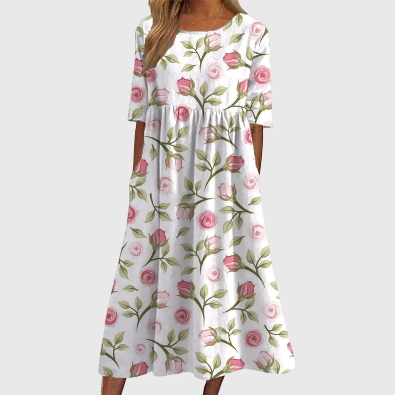 Women's Flattering Midi Dress in White Pink
