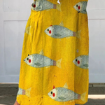 Women's Fish Art Print Linen Pocket Skirt in Yellow