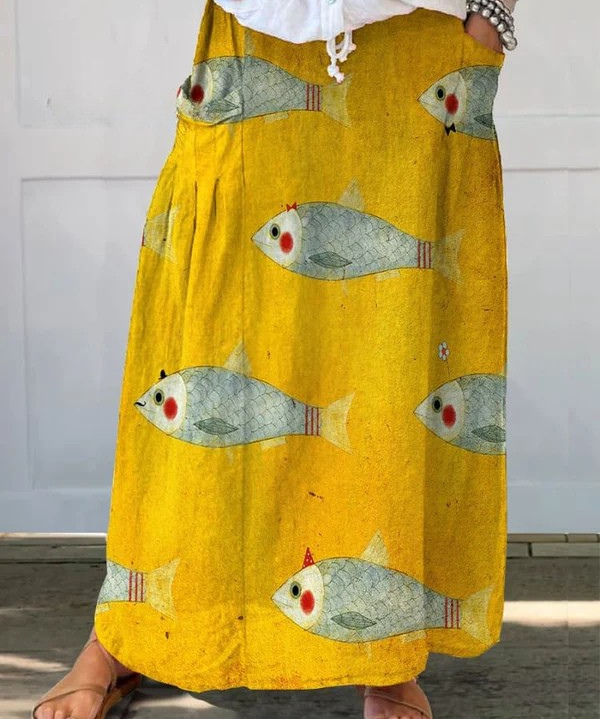 Women's Fish Art Print Linen Pocket Skirt in Yellow