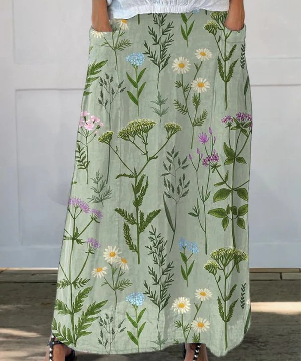Women's Spring Field Print Linen Pocket Skirt in Multicolor