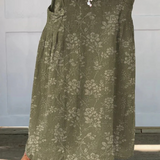 Vintage Floral Elastic-Waist Linen Skirt in Green