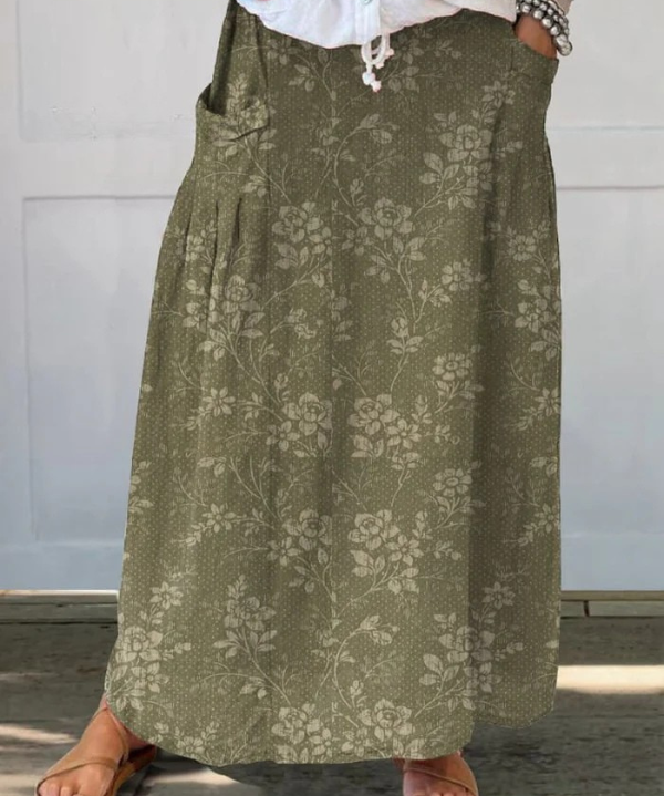 Vintage Floral Elastic-Waist Linen Skirt in Green