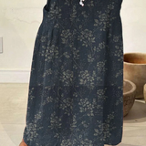 Vintage Floral Elastic-Waist Linen Skirt in Navy Blue
