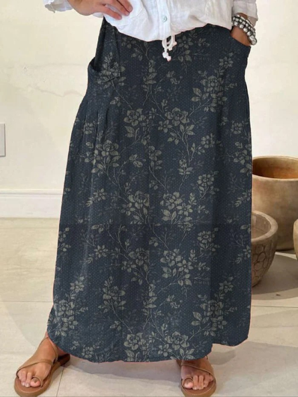 Vintage Floral Elastic-Waist Linen Skirt in Navy Blue