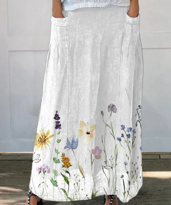 Women's Watercolour Meadow Print Linen Skirt in Multicolor