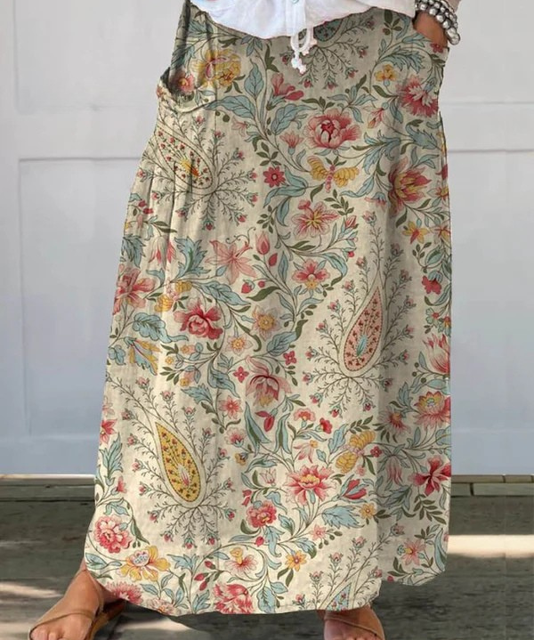Vintage Floral Art Printed Linen Skirt in Multicolor